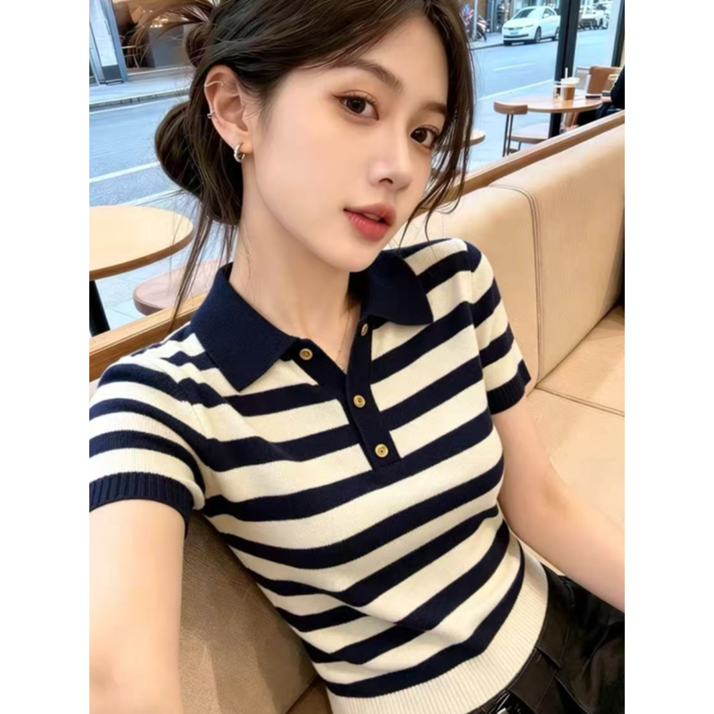 패션 유럽 상품 연령 감소 배색 스트라이프 polo 폴로 칼라 니트 반팔 티셔츠 여성 여름 작은 키 쇼트 스타일 맨위