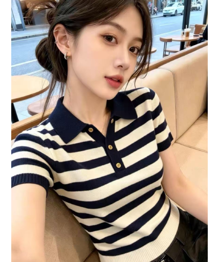 패션 유럽 상품 연령 감소 배색 스트라이프 polo 폴로 칼라 니트 반팔 티셔츠 여성 여름 작은 키 쇼트 스타일 맨위
