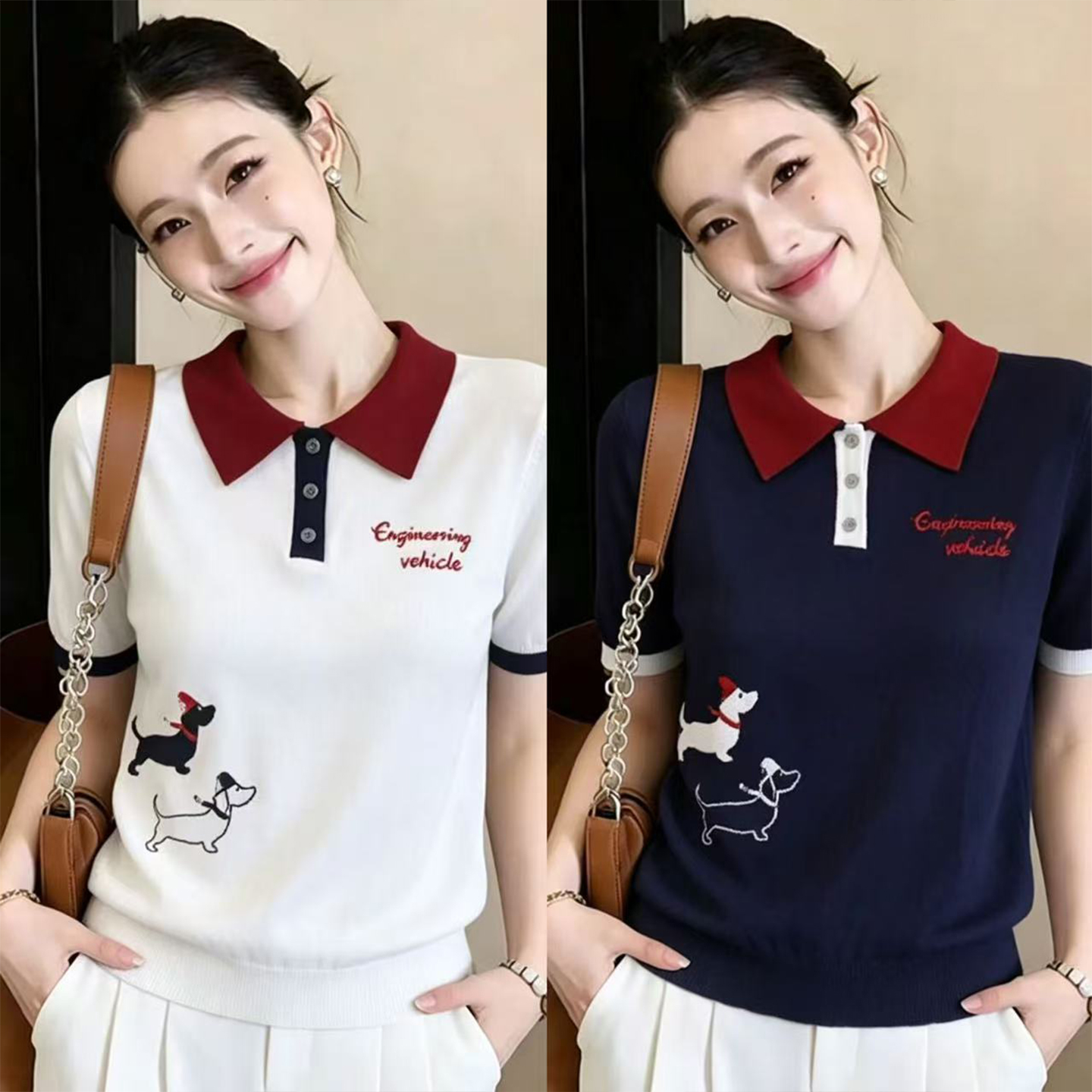 학원 스타일 연령 감소 POLO 칼라 반팔 티셔츠 여성 2026 새로운 한 부서 자이언트 잘 생긴 ~ 중 여름 니트 스웨터 맨위