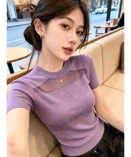 올해 인기 폭발 순수한 욕망 라운드 넥 홀로우 아웃 반팔 니트 스웨터 여성 여름 새로운 몸매 가꾸기 슬림해 보이는 외국 가스 맨위
