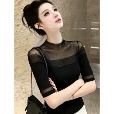 批发轻熟风黑色蕾丝<b class='q'>镂空</b>半高领短袖针织衫女夏季新款休闲洋气修身小衫