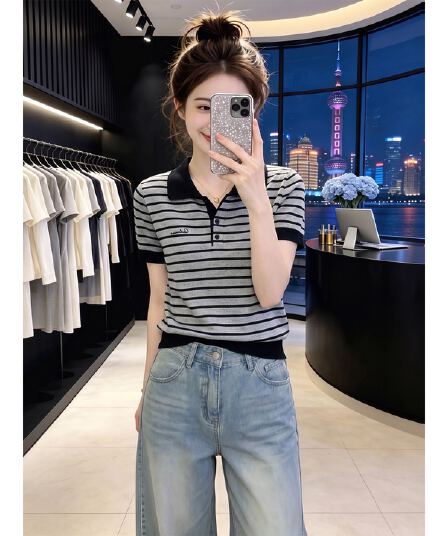 디자인 센스 패션 스트라이프 POLO 칼라 반팔 티셔츠 여성 여름 작은 키 슬림해 보이는 연령 감소 그레이트 봐 의류