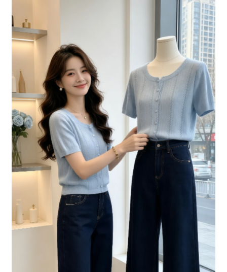 작은 샤넬 스타일 파란색 고급 센스 홀로우 아웃 작은 셔츠 니트 반팔 티셔츠 여성 2026 여름 여름 아름다운 작은 맨위