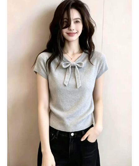 작은 토마토 아메리칸 나비 넥타이 반팔 티셔츠 여성 인기 작은 대중 디자인 센스 품격 다용도 연령 감소 맨위