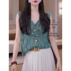 批发镂空V领针织背心女2026年夏季新款休闲无袖坎肩马甲纯色开衫上衣