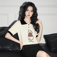 批发2026夏女休闲好看<b class='q'>卡通</b>动漫设计感撞色翻领短袖<b class='q'>T</b><b class='q'>恤</b>上衣娃娃领短袖