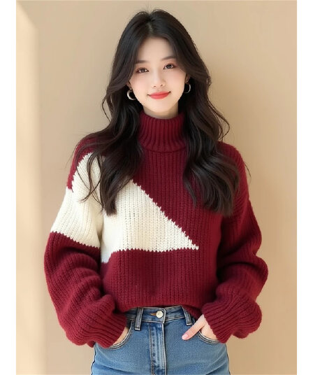 와인 레드 배색 불규칙 두꺼운 선 스웨터 여자 2026 새로운 겨울 유럽 상품 무거운 작업 고유 한 Chic 맨위