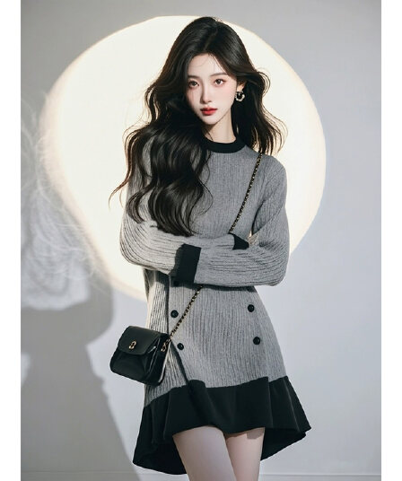 2026 가을 올해 인기 품격 클래식 다용도 고급 느긋한 바람 잘 생긴 회색 패치워크 캐주얼 드레스