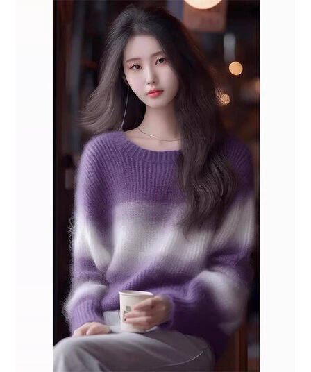 2026 가을 겨울 새로운 디자인 센스 루즈핏 스웨터 느긋한 바람 보라색 모헤어 스트라이프 니트 스웨터 맨위 여성 의류