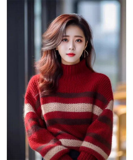 앤 코라 빨간색 스트라이프 터틀넥 스웨터 여자 2026 새로운 이른 가을 작은 키 착용 가져 가라. 이른 가을 한 부서 분위기 센스