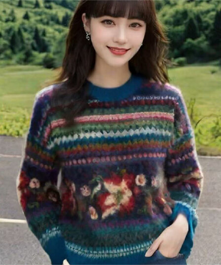 공정한 섬 파란색 자카드 레트로 크리스마스 풀오버 니트 스웨터 루즈핏 느긋한 바람 스웨터 여자 가을 겨울 민족 스타일