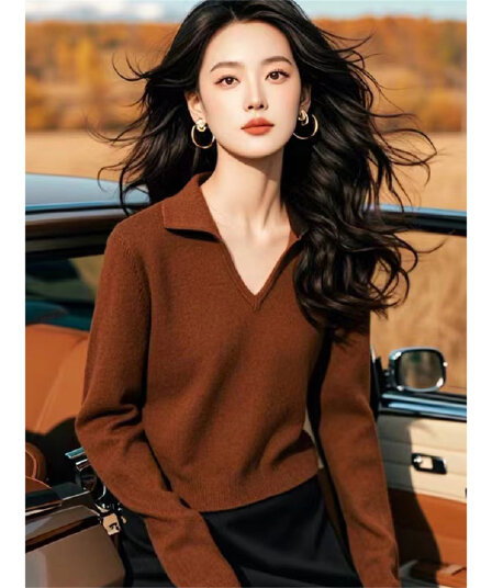 커피 색상 V넥 긴팔 니트 스웨터 여성 2026 가을 새로운 품격 고급 센스 인사이드 가져 가라. 수 있습니다. 싱글 계속하다 옷