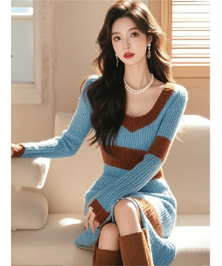 작은 키 아름다운 슈퍼 잘 생긴 파란색 니트 여성 드레스 가을 겨울 샤오 양 조립 코트 두꺼운 스웨터 치마