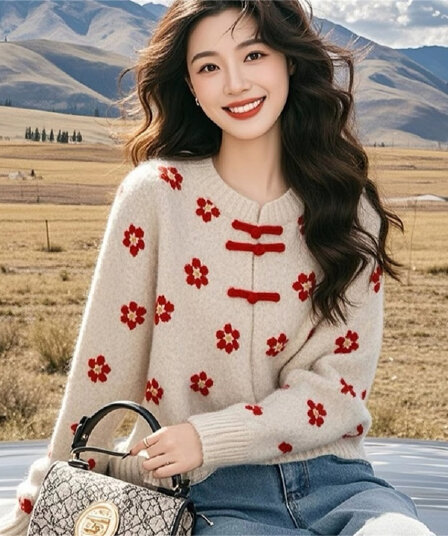 새로운 중식 국풍 빨간색 꽃 스웨터 여자 가을 겨울철 무거운 작업 작은 셔츠 인사이드 가져 가라. 고유 한 아름다운 니트 맨위