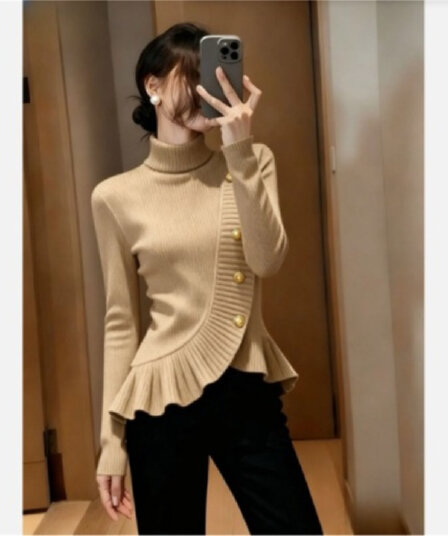 고급 센스 슈퍼 잘 생긴 카키 색 터틀넥 스웨터 여자 가을 겨울 고유 한 아름다운 꼬집기 허리 프릴 긴팔 니트 스웨터