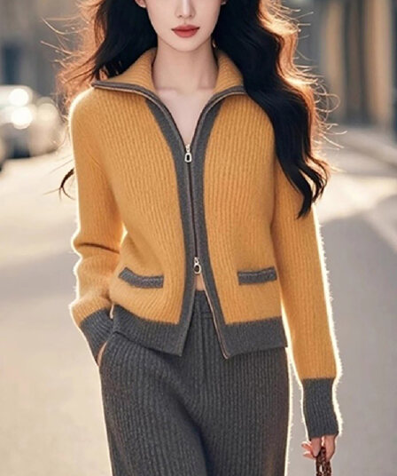 고급 배색 측면 폴로 칼라 더블 오픈 지퍼 긴팔 스웨터 니트 오픈 가디건 여성 가을 겨울 루즈핏 슬림해 보이는 재킷 맨위
