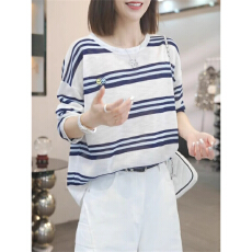 批发笑脸撞色条纹长袖防晒t恤女秋季空调<b class='q'>罩衫</b>2026年新款宽松慵懒上衣