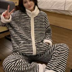 批发冬季半边绒拉链款女款睡衣厚款女士珊瑚绒保暖家居服套装