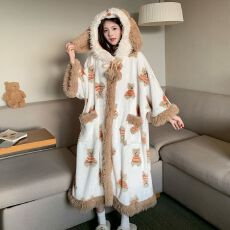 批发睡衣女冬季新款加绒加厚法兰绒长款连帽睡袍外穿