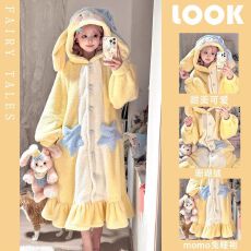 批发珊瑚绒睡衣女冬天加绒加厚法兰绒长款连帽冬季睡袍外穿