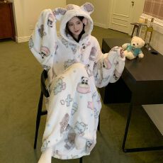 批发新款珊瑚绒宽松大睡袍中长款连帽睡裙女士家居服