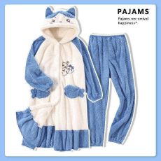 批发连帽睡衣女冬学生加绒加厚卡通睡袍保暖家居服套装