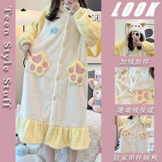 批发可爱猫咪珊瑚绒睡衣女冬季加绒加厚保暖法兰绒长款连帽睡袍家居服
