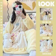 批发珊瑚绒卡通可爱糖猫睡衣女ins秋冬季保暖加绒加厚冬天家居服套装