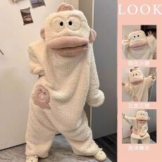 批发汉顿丑鱼连体睡衣女秋冬季珊瑚绒加厚加绒男款情侣大码成人一体式