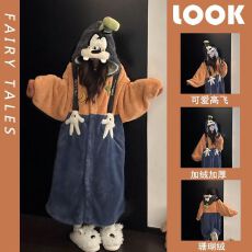 批发卡通可爱睡衣女秋冬季珊瑚绒加绒加厚冬天保暖连帽家居服睡袍