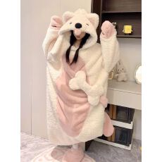 批发珊瑚绒睡衣女秋冬季新款加厚日系可爱连帽睡裙睡袍