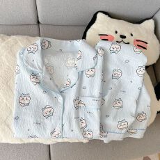 睡衣女云朵棉春季开衫翻领长袖长裤简约舒适家居服套装