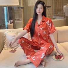 批发夏季丝绸冰丝薄款仿真丝套装<b class='q'>女睡衣</b>短袖长裤睡衣家居服