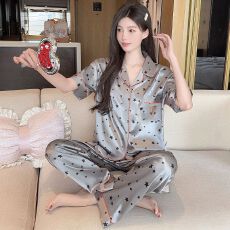 夏季丝绸冰丝薄款仿真丝套装女睡衣短袖长裤睡衣家居服