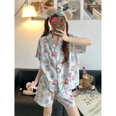 批发<b class='q'>睡衣</b>女夏新款短袖开衫套装<b class='q'>卡通</b>少女云朵棉薄款家居服可外穿