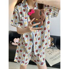 批发<b class='q'>睡衣</b>女夏新款短袖开衫套装<b class='q'>卡通</b>少女云朵棉薄款家居服可外穿