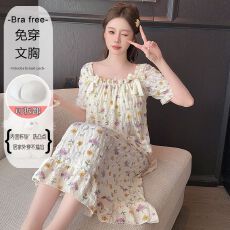 批发M~5XL 云朵棉<b class='q'>卡通</b>带胸垫短袖中长睡裙宽松加肥大码家居服