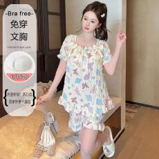 批发M~5XL 睡衣女夏季云朵棉甜美公主风带胸垫宽松<b class='q'>韩版</b>短袖家居服套装