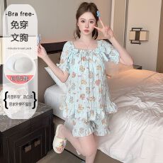批发M~5XL 睡衣女夏季云朵棉甜美公主风带胸垫宽松<b class='q'>韩版</b>短袖家居服套装