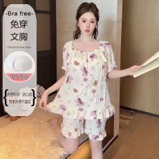批发M~5XL 睡衣女夏季云朵棉甜美公主风带胸垫宽松<b class='q'>韩版</b>短袖家居服套装