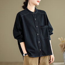 批发实拍2026春秋新款复古斜纹全棉<b class='q'>长袖</b><b class='q'>衬衫女</b>纯色文艺休闲立领开衫