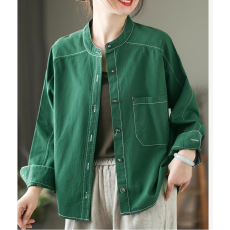 批发非实拍复古斜纹全棉<b class='q'>长袖</b><b class='q'>衬衫女</b>纯色文艺明线休闲立领开衫女