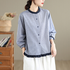 批发实拍2026春季新款文艺大码复古衬衫<b class='q'>长袖</b>圆领韩版上衣女