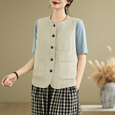 批发实拍春季新款文艺简约宽松棉麻马夹马甲开衫无袖小外套女坎肩背心