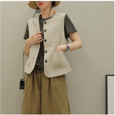 批发非实拍春季新款文艺简约宽松棉麻马甲开衫无袖小外套女坎肩背心