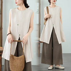 批发实拍2026夏季棉麻大码<b class='q'>亚麻</b>宽松显瘦无袖中长款无袖衬衫裙