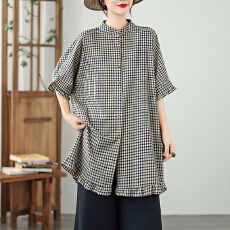 批发实拍日系文艺花边格子七分袖中长款<b class='q'>衬衫</b><b class='q'>森系</b>简约百搭宽松开衫