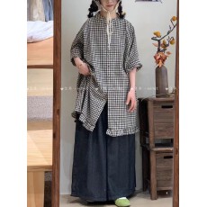 批发非实拍日系文艺花边格子七分袖中长款<b class='q'>衬衫</b><b class='q'>森系</b>简约百搭宽松开衫