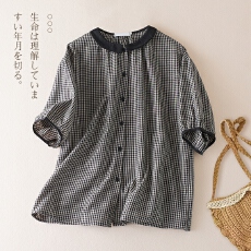 批发实拍日系棉麻格子短袖<b class='q'>衬衫</b>女夏季<b class='q'>森系</b>文艺风娃娃领减龄宽松<b class='q'>衬衣</b>