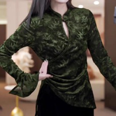 批发新中式立领盘扣<b class='q'>不规则</b>印花上衣女2025秋季新款收腰显瘦设计感长袖